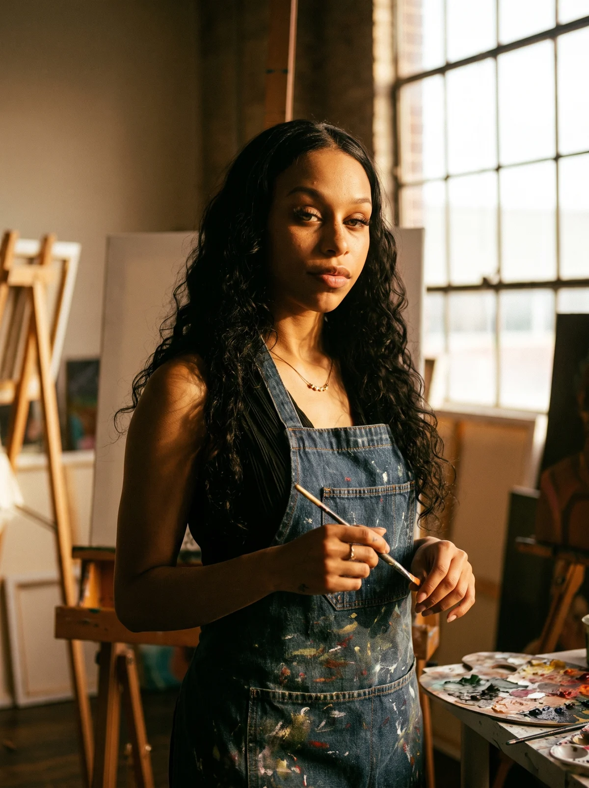 Madison Jané at the easel, brush in hand